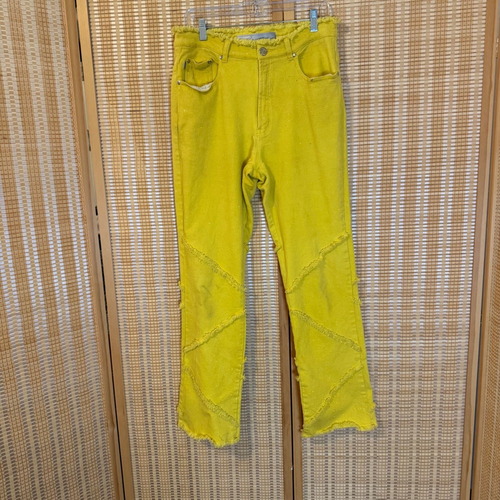 Crest Jeans Yellow Glitter Frayed Raw Edge Straight Leg Jeans 13/14 Boho Street